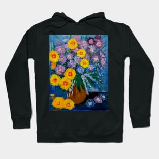 A beautiful bouquet flowers in a glass and gold vase . Using my favorite colors as vibrant background Using Acrylic and metallic paints. Hoodie